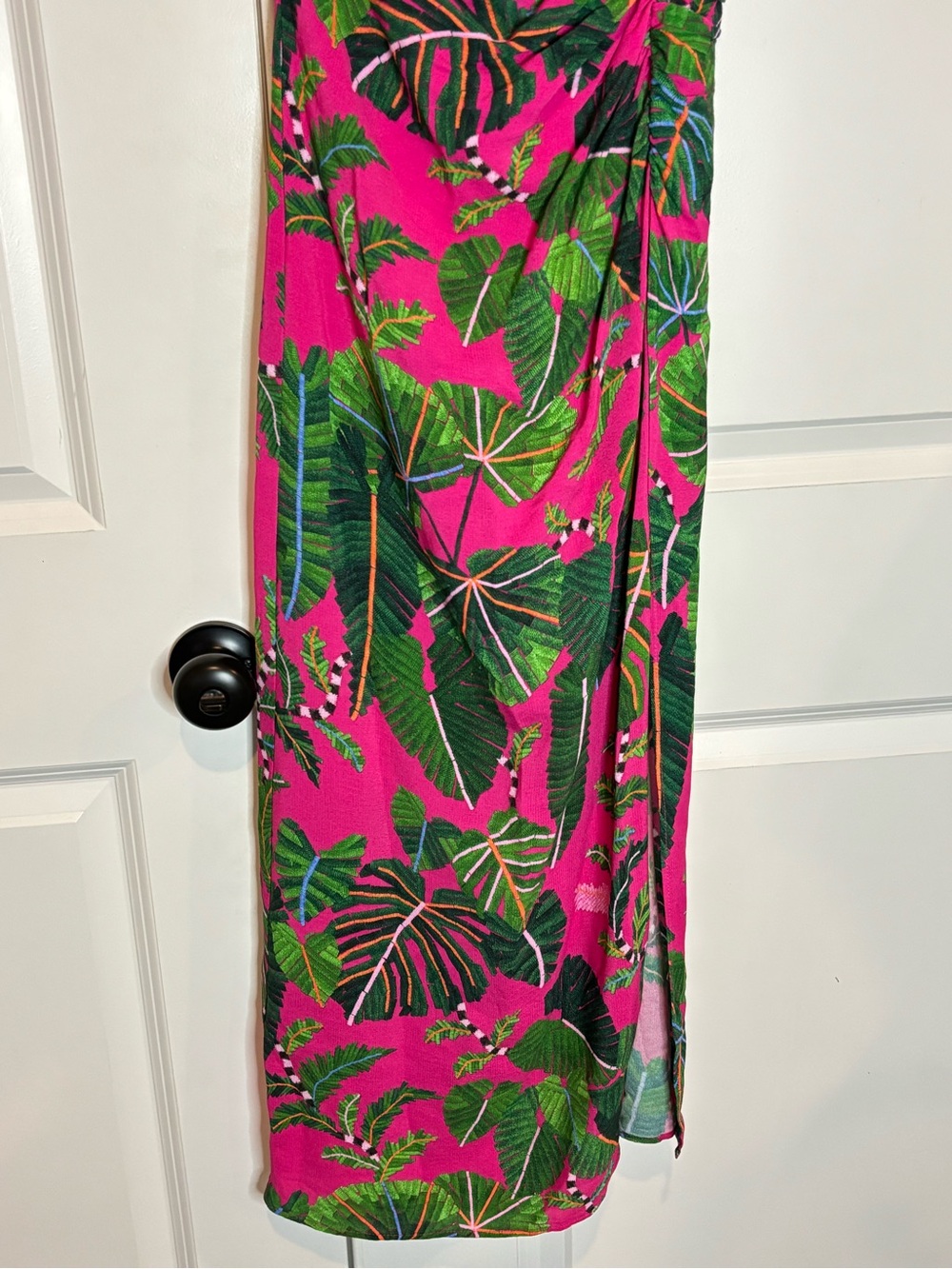 Farm Rio Pink Leave Asymmetric One Shoulder Strappy Back Ruched Slit Dress S - Picture 4 of 13
